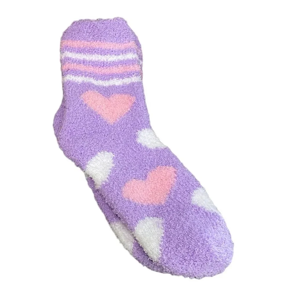 Fuzzy Heart Print Socks Lavender Pink White One Pair One Size NWT